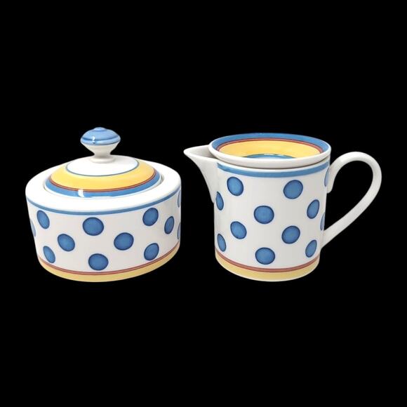 VTG Villeroy & Boch Twist Anna Cream Sugar Set With Lids White Blue Polka Dots - Picture 1 of 12